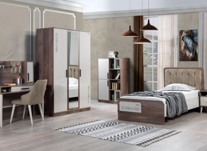 Complete children's room set, 5-piece modern youth room brown wood bed